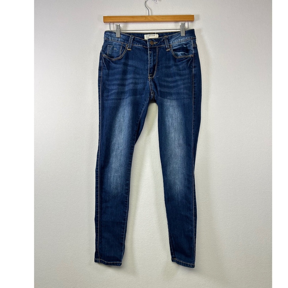 Encore Jeans Skinny Denim Women‎ Size 7 Dark Wash Blue Whiskered Stretch
